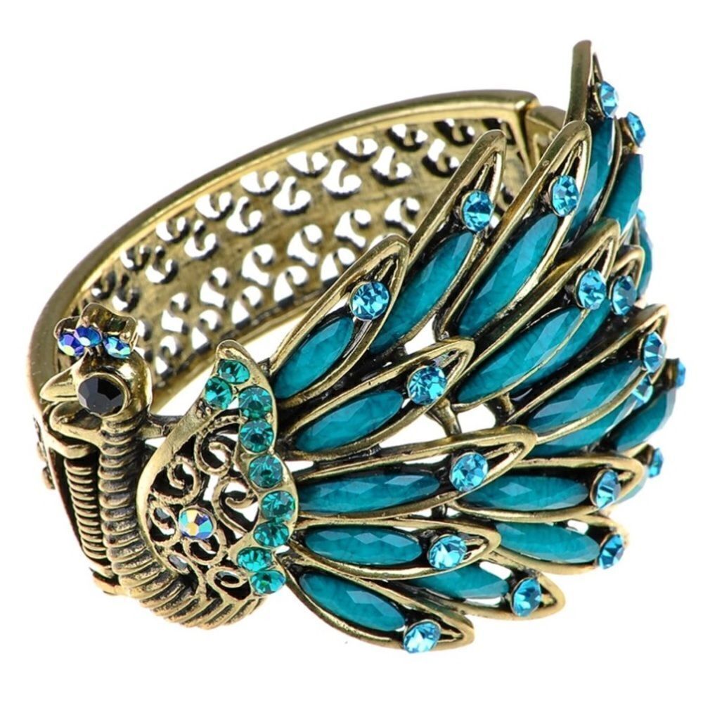 Antique Gold with Turquoise & Black Crystal Peacock Hinged Cuff Bracelet Bangle
